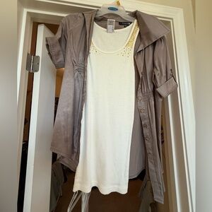 White Tank Top with Studded Detail and Gray Short Sleeve Jacket